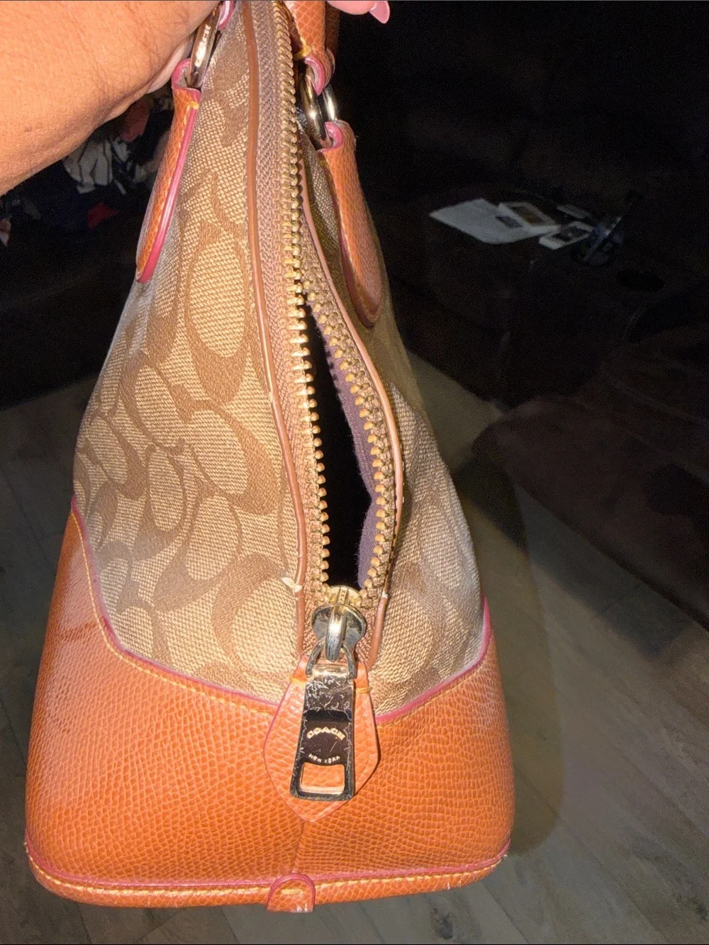 Coach Brown/Tan Signature Dome Satchel with Gold Plaque